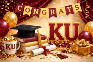 Congrats KU inmage in maroon and gold with cap, books, mug and balloons